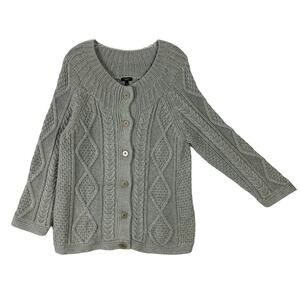 Nwot TALBOTS Cardigan Sweater L Grey Cable-Knit Angora Cotton Button-Up Long-Slv